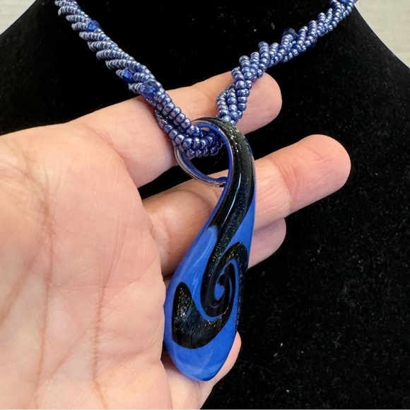 Art Glass Blue Hand Blown Glass Pendant With Seed Bead Multi-Strand Necklace - Picture 8 of 16
